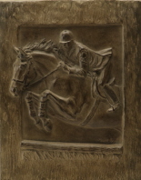Horse sculpture in relief : Horse and rider jumping