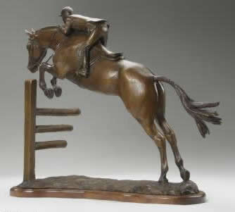 Horse sculpture of a young hunter / jumper taking off over a jump.  Sculpture of jumper is titled Young Hunter and is a bronze limited edition of 15