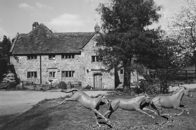 Horse sculpture : Three galloping horses in front of English farmhouse